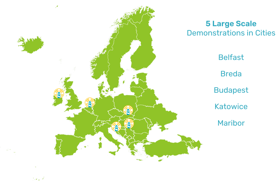 Map of the 5 large demonstrations in Europe: Belfast, Breda, Budapest, Katowice, Maribor.